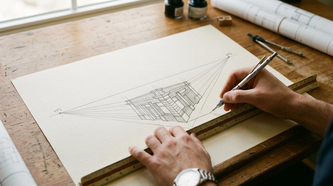 Draw a building in two-point perspective