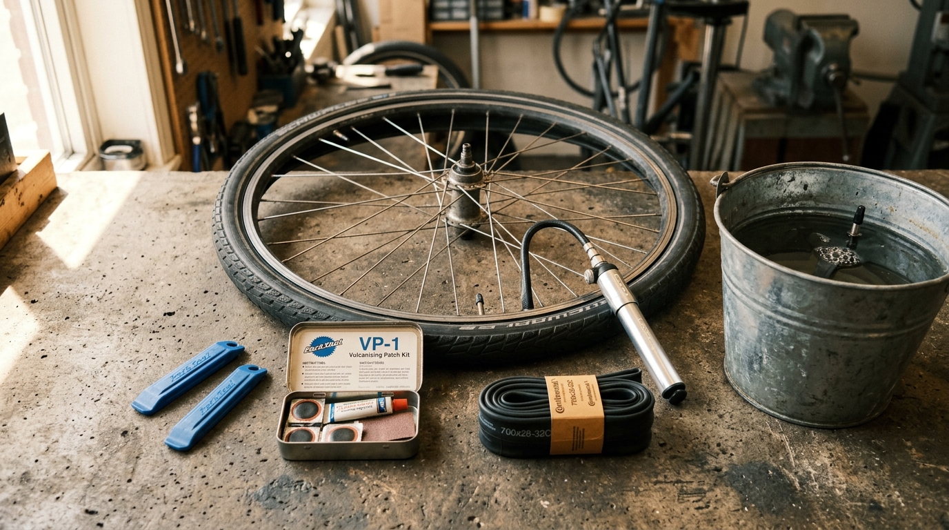 Flat-lay of puncture repair tools on a workshop floor: tyre levers, patch kit, pump, new inner tube