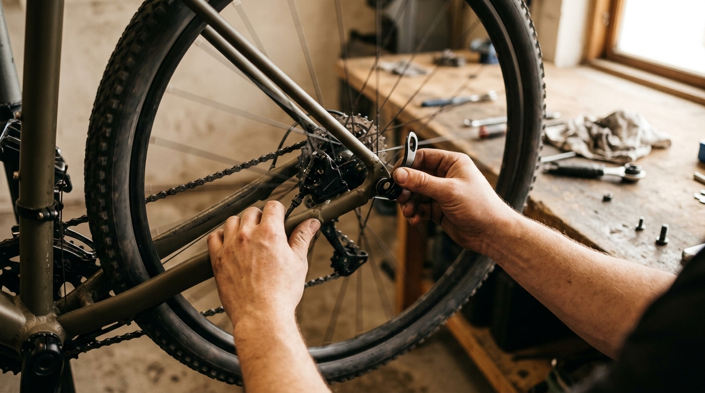 Hands opening the quick-release skewer on a bicycle rear wheel, wheel dropping free from the dropout