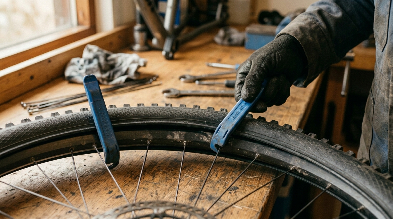 Two plastic tyre levers hooked under the tyre bead, one anchored to a spoke, working around the rim