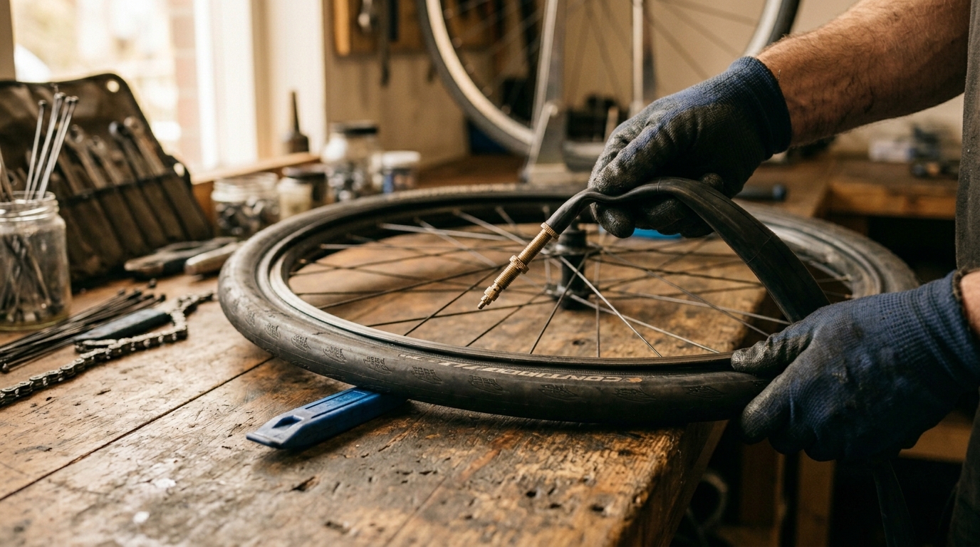 Inner tube being pulled out from inside the tyre, valve coming through the rim hole last