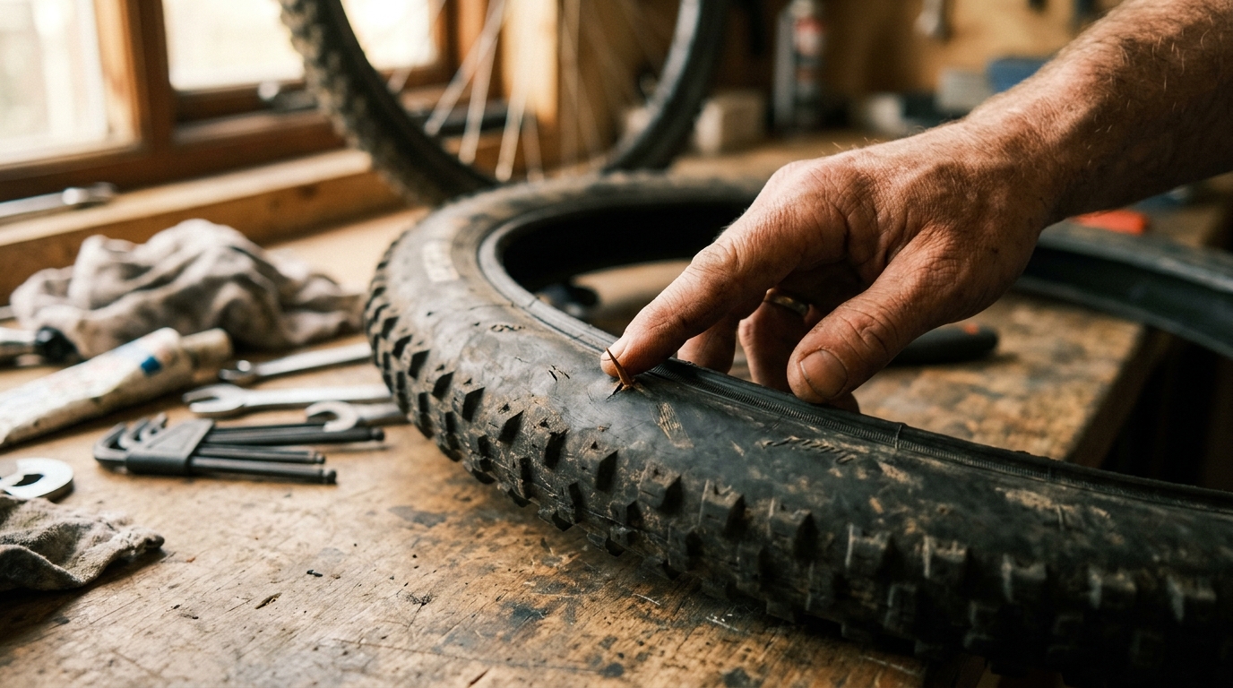 Fingers running slowly along the inside of the tyre, a thorn visible embedded in the rubber