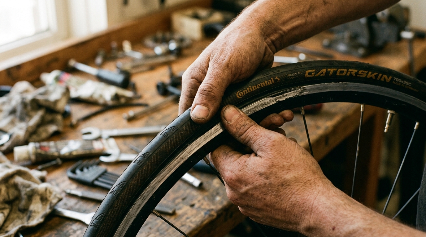Both thumbs pushing the last section of tyre bead back onto the rim, no tools used