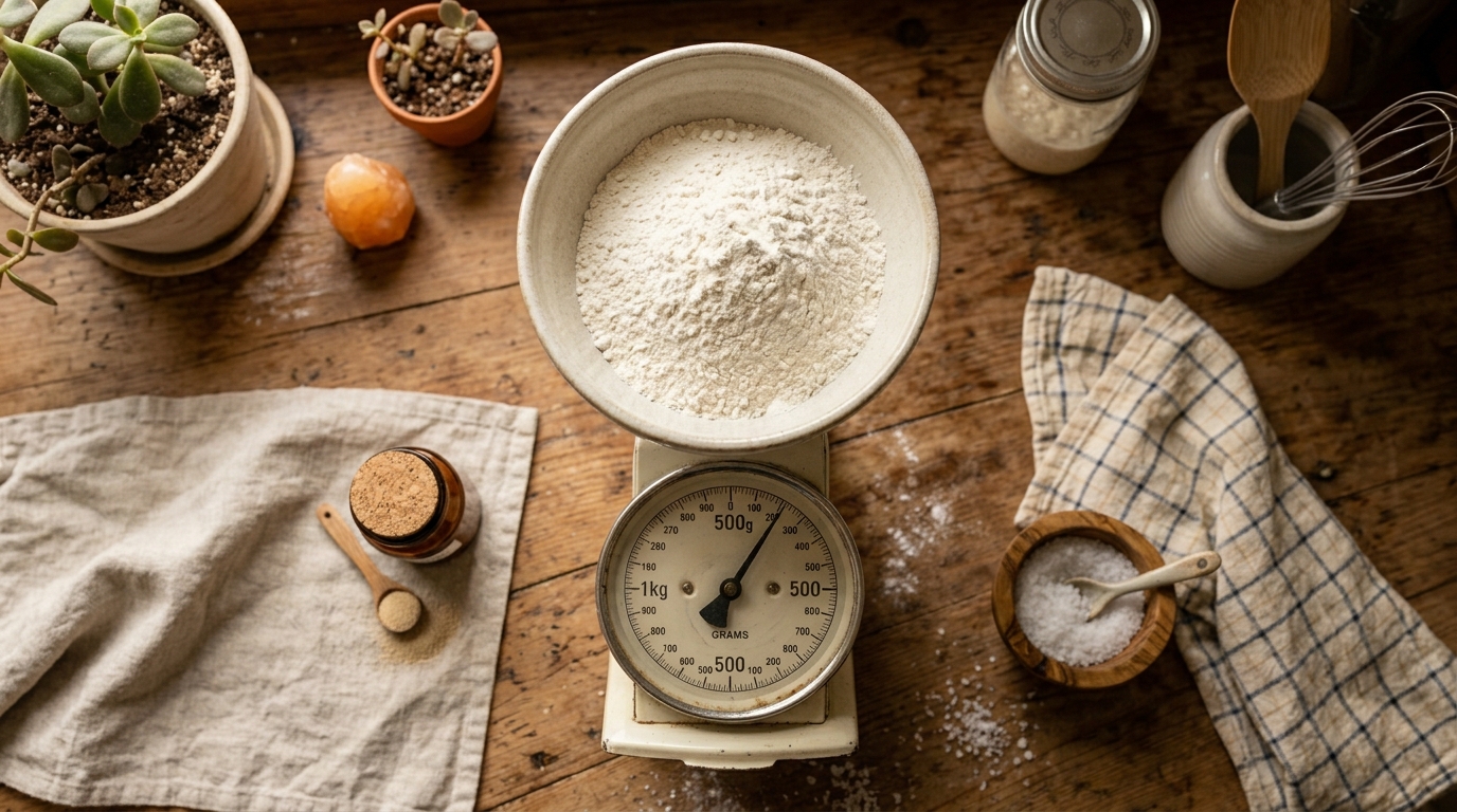 Flour, yeast and salt weighed on digital kitchen scales
