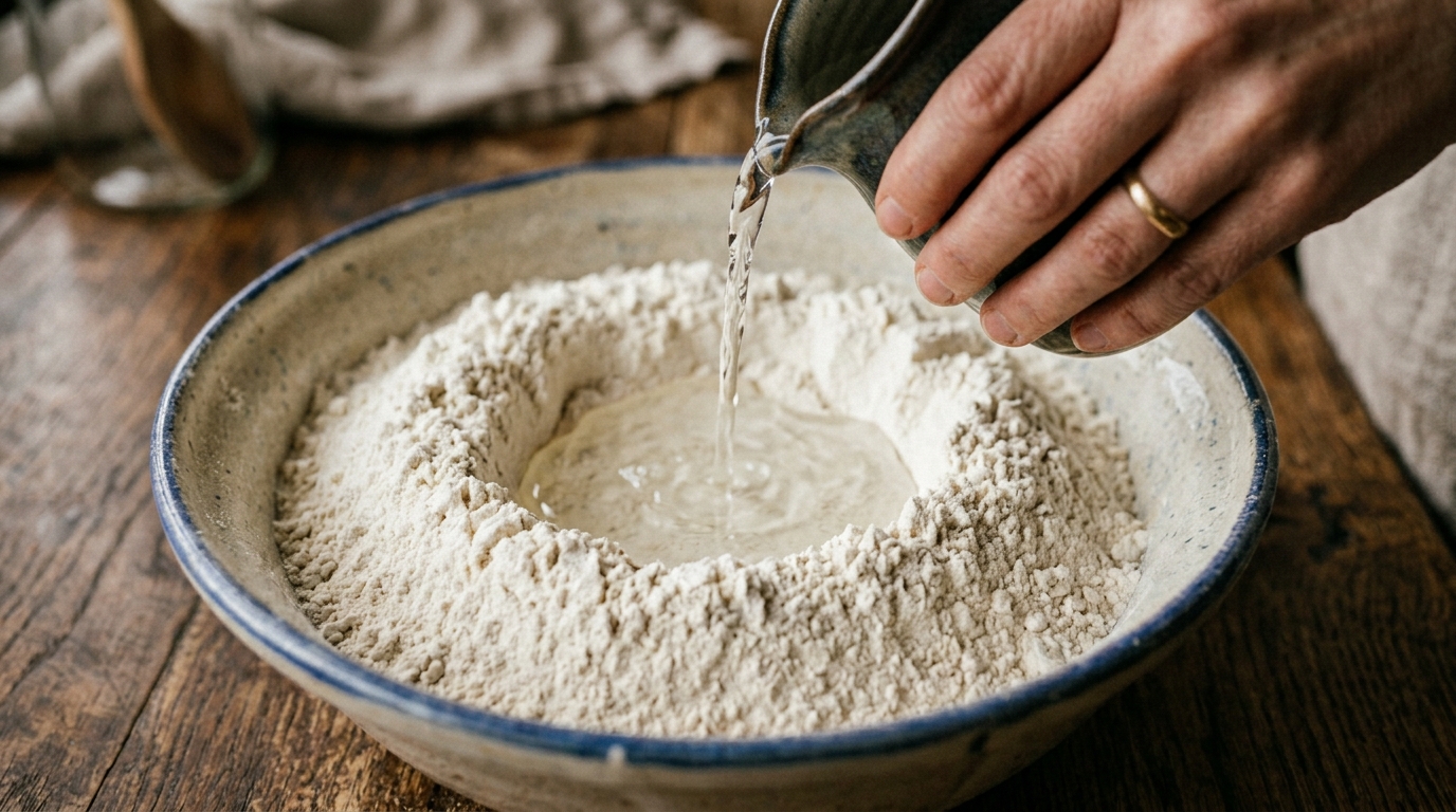 Hand pouring water into a well in the flour