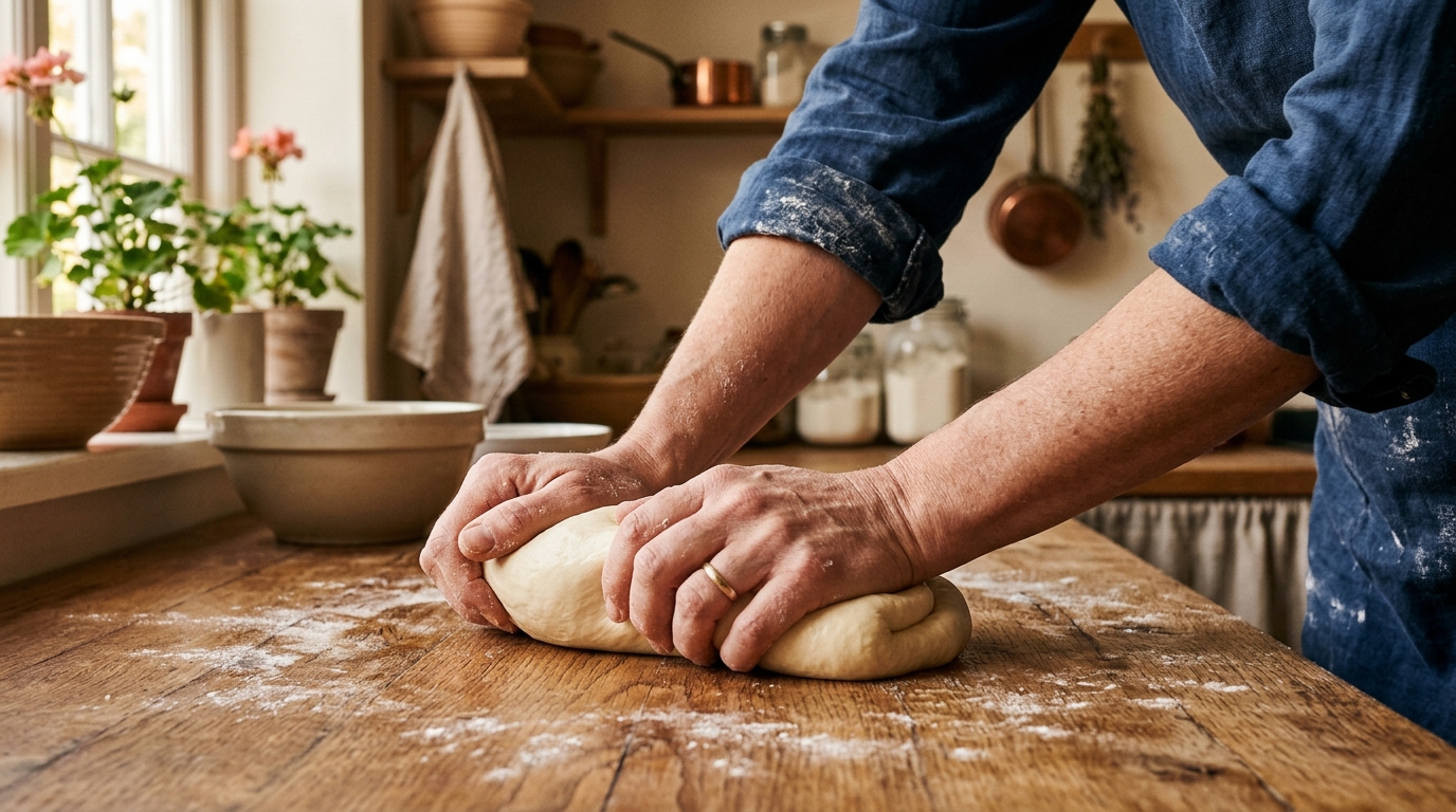 Hands kneading bread dough on a work surface