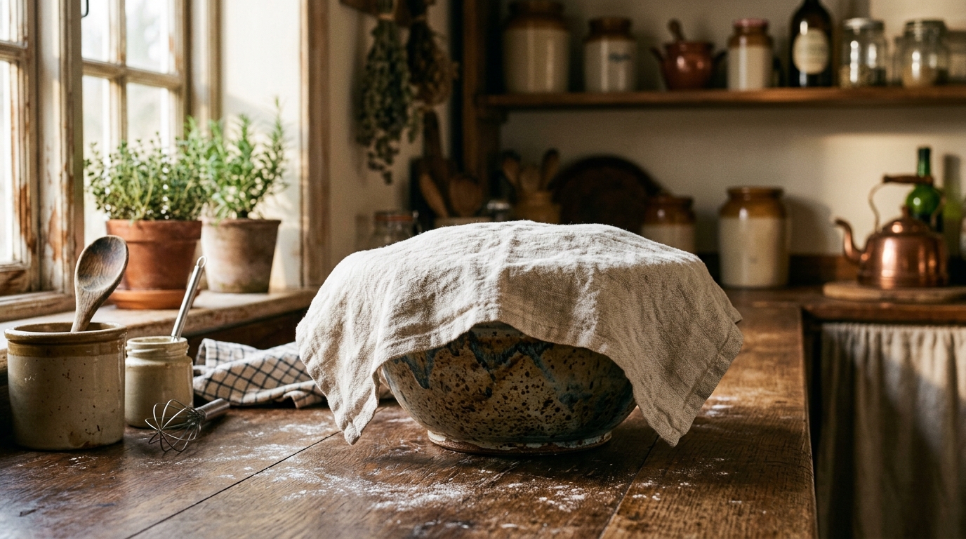 Dough in a covered stoneware bowl for the first prove