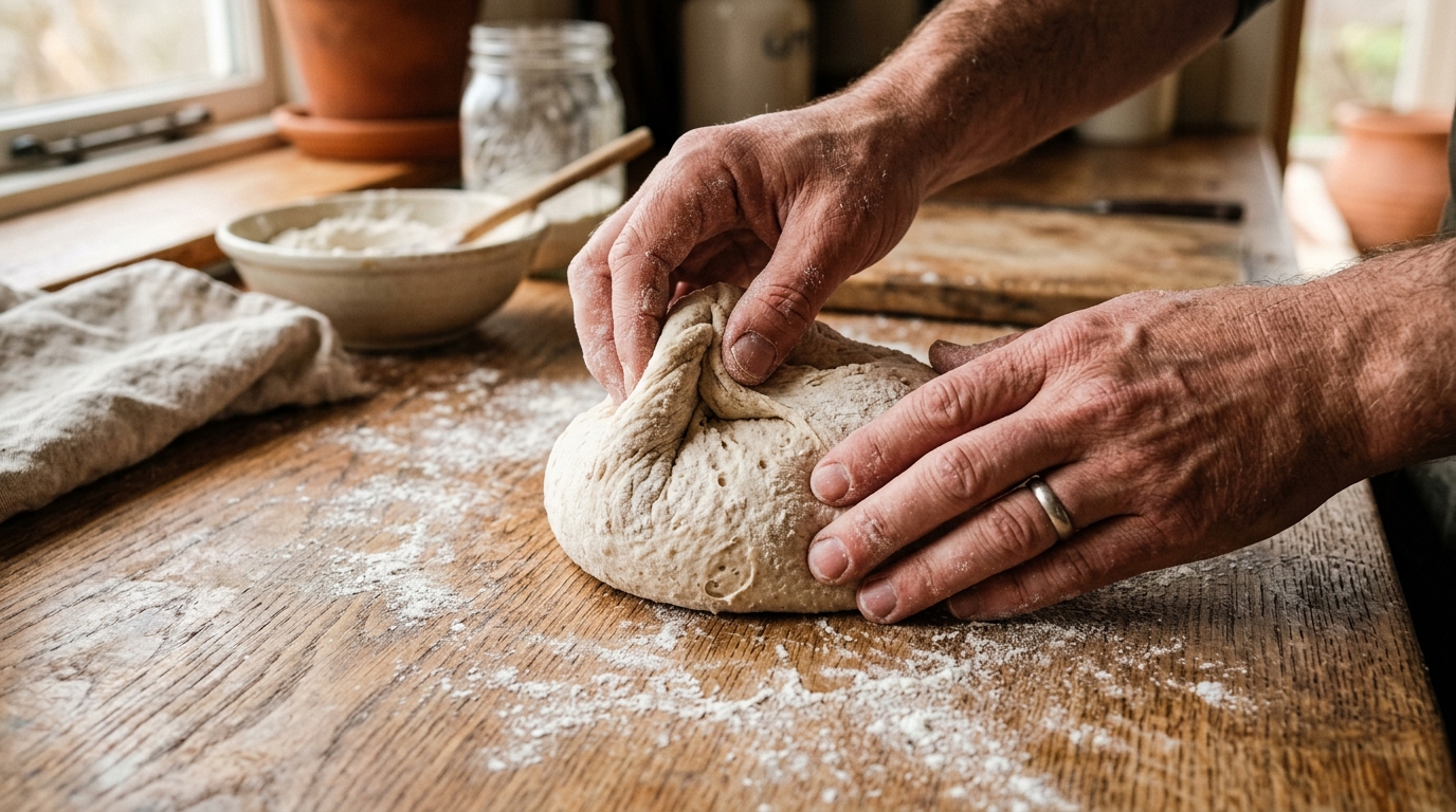 Hands folding and shaping dough on a work surface