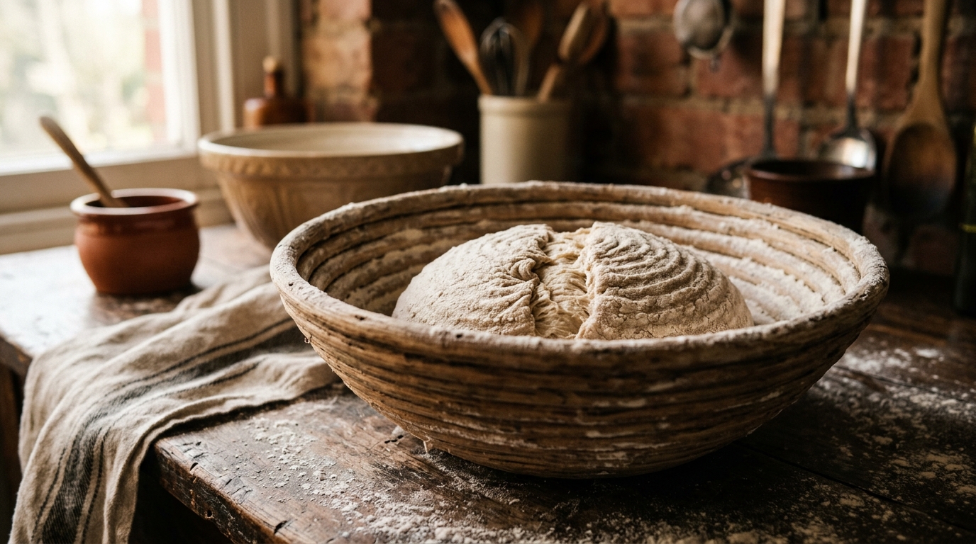 Shaped dough sitting in a floured banneton proving basket