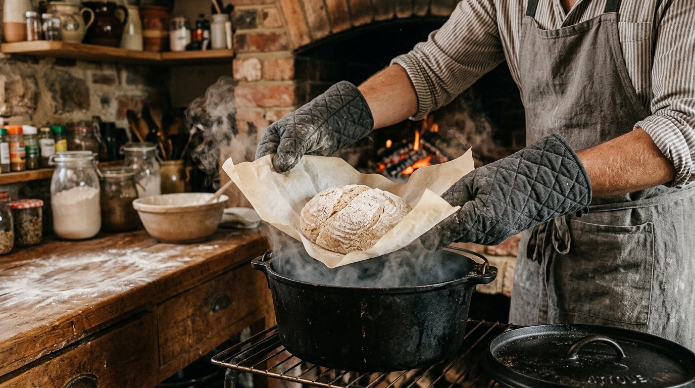 Hands lowering the dough on baking paper into the hot Dutch oven