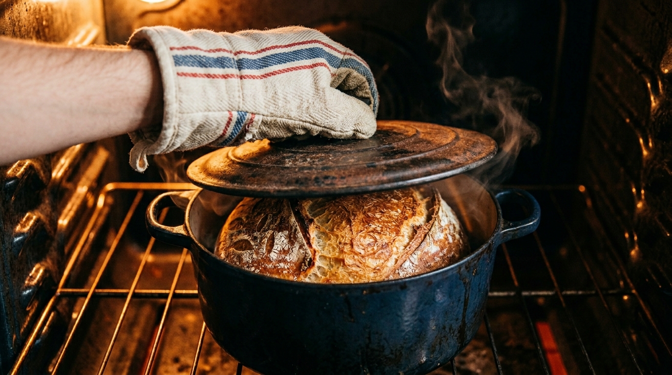 Hand removing the Dutch oven lid to reveal the baking loaf