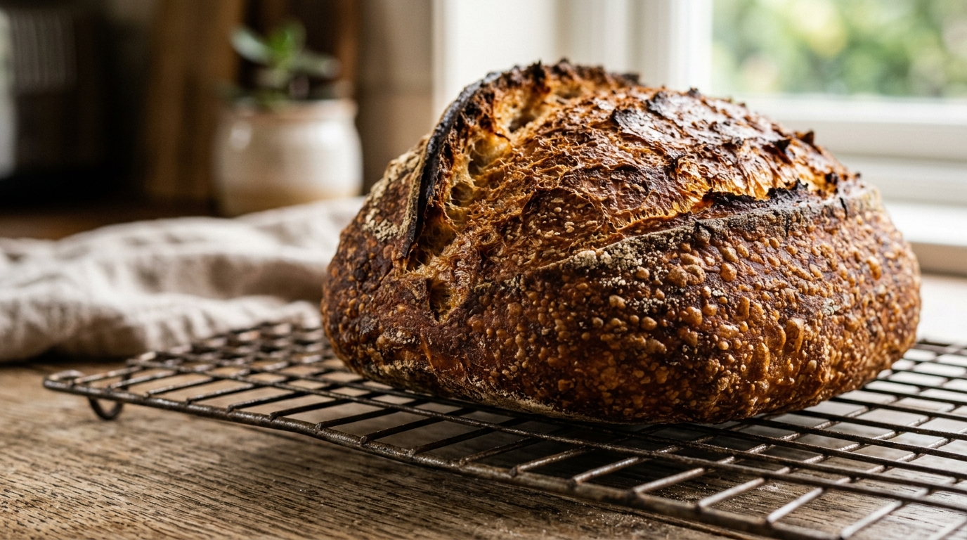 Finished sourdough loaf cooling on a wire rack