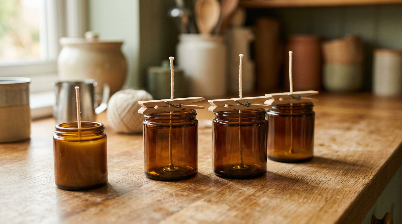 Clean glass jars with wicks centred, held by wooden skewers resting across the rim as wick holders