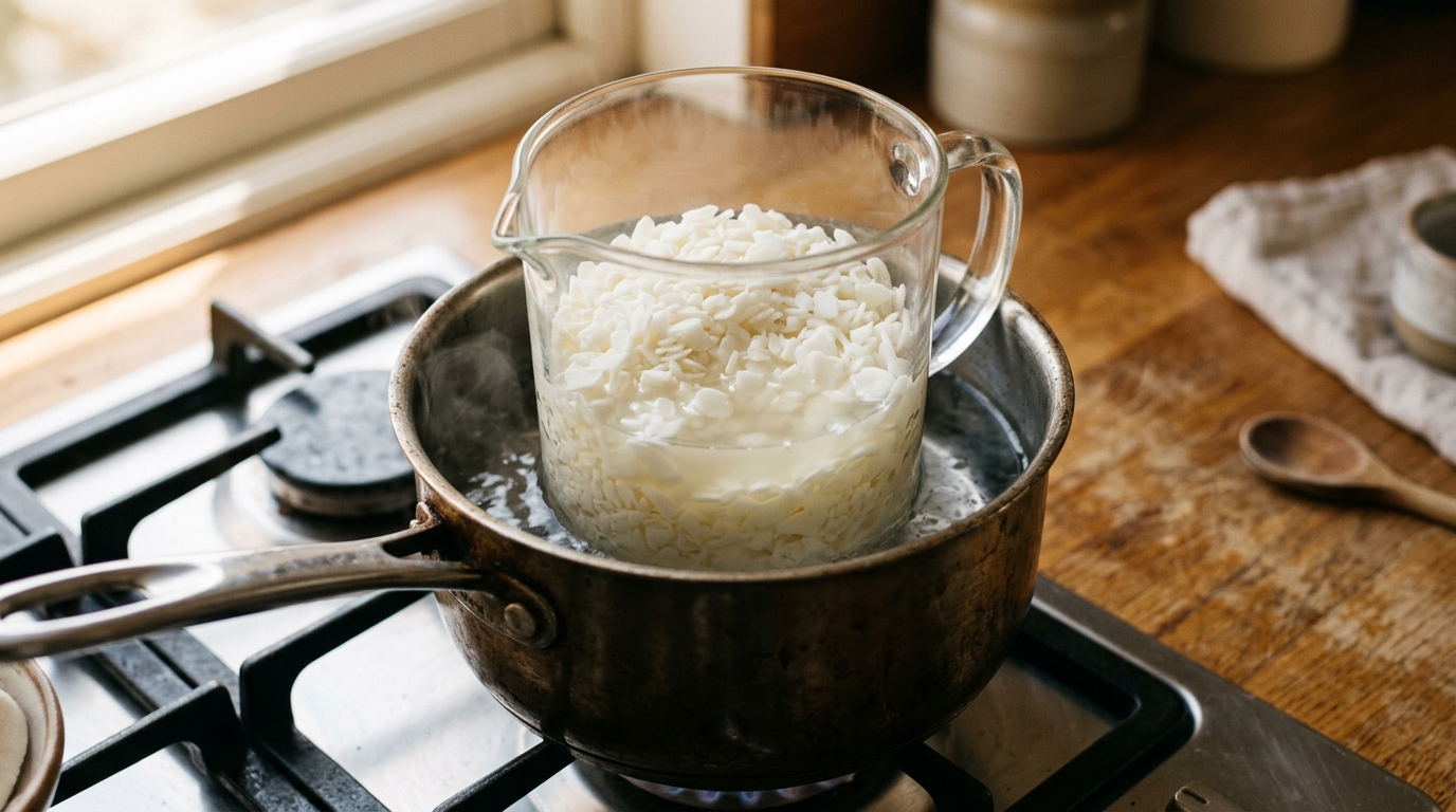 Heatproof jug of white soy wax flakes in a bain-marie over a saucepan, wax beginning to melt
