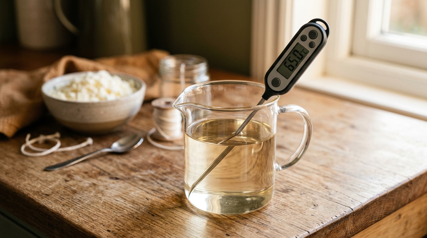 Digital thermometer probe in melted wax showing 65°C, clear liquid wax still in the jug