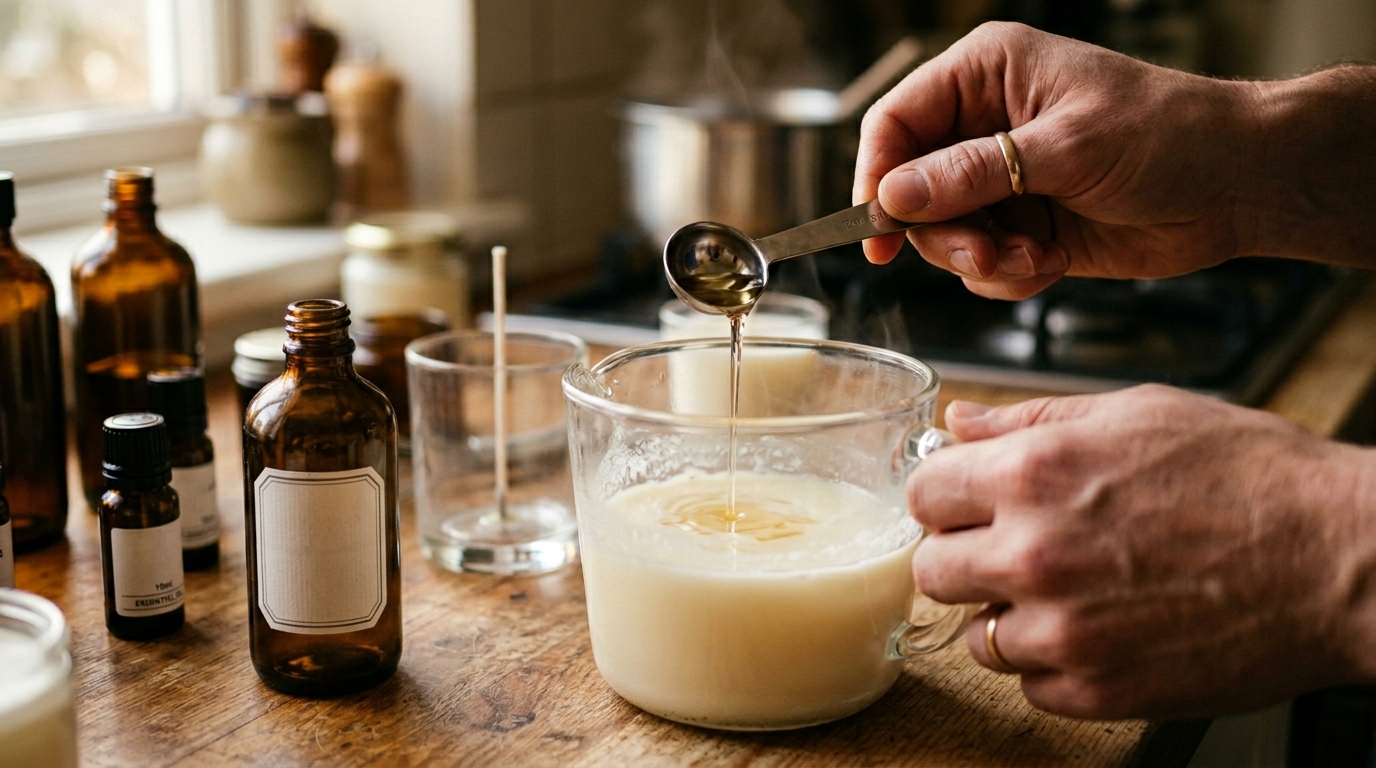 Fragrance oil being poured from a measuring spoon into the melted wax, jug held steady