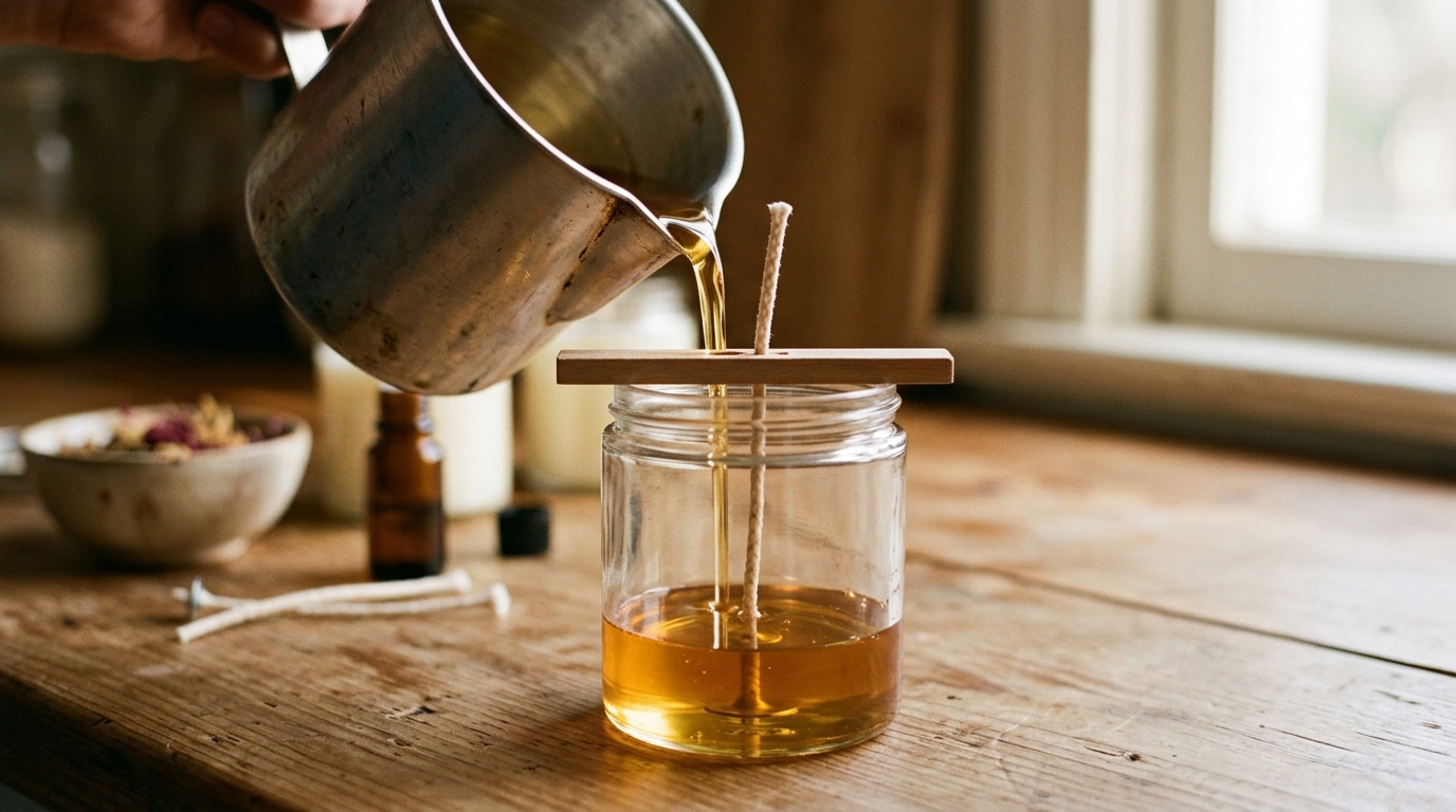 Liquid wax being poured in a slow stream from the jug into a prepared glass jar, wick held central