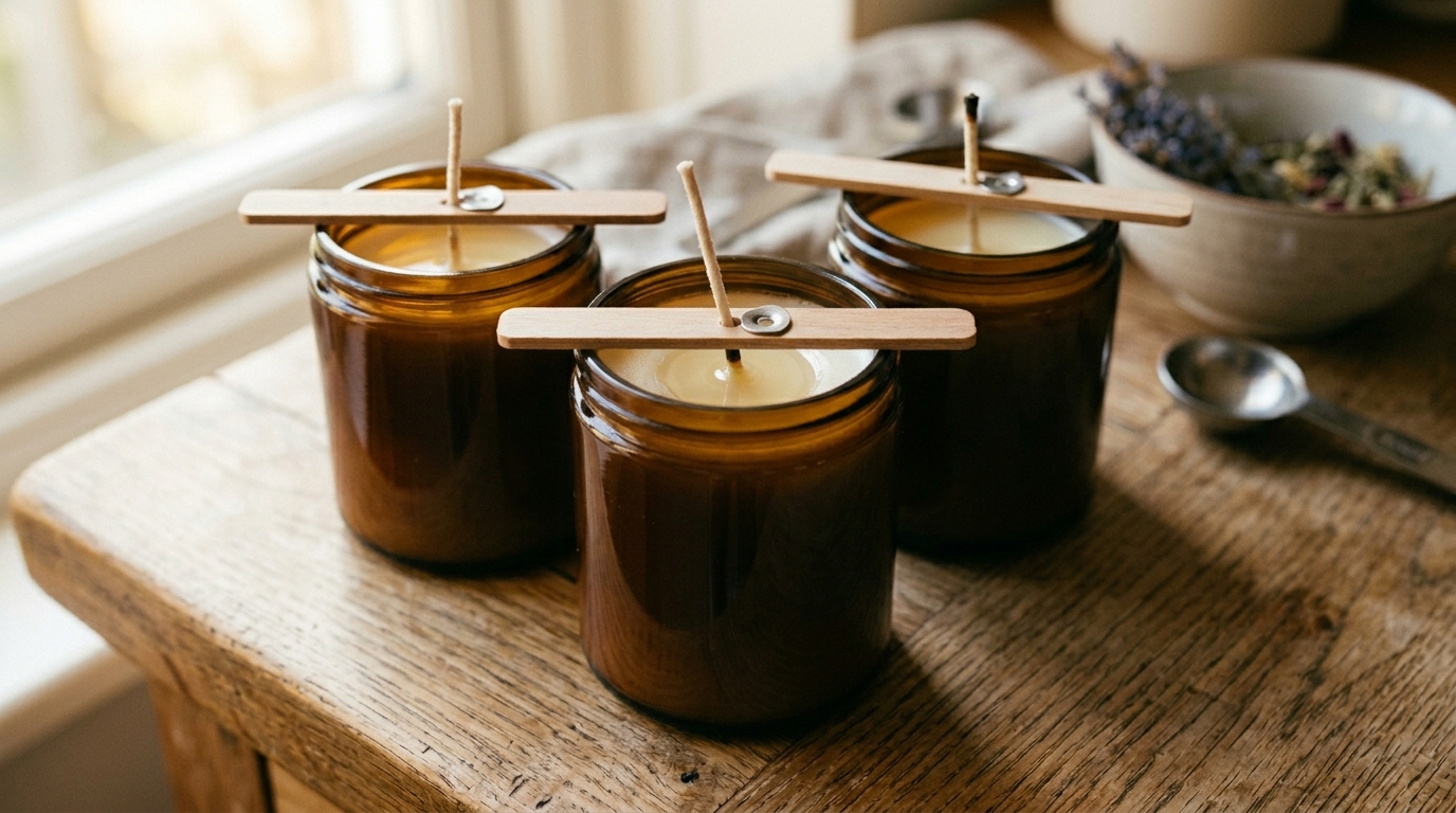 Three filled candle jars cooling on a worktop, wax surface setting from the edges inward