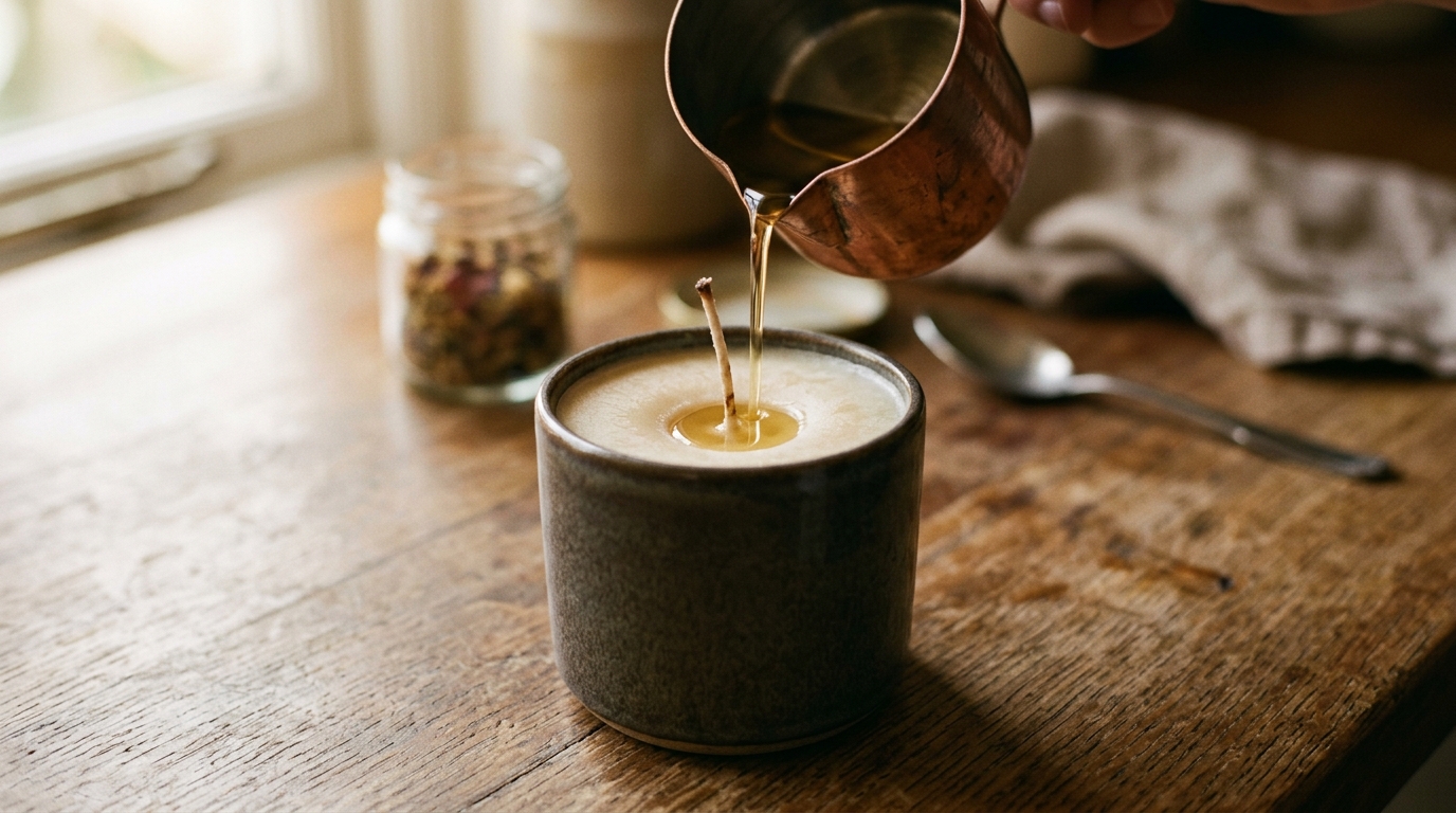 Hardened candle with a small sinkhole around the wick, a second pour of melted wax topping it level