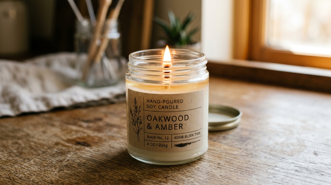 Finished candle with wick trimmed to 5mm, lit with a steady flame and a full melt pool to the edges