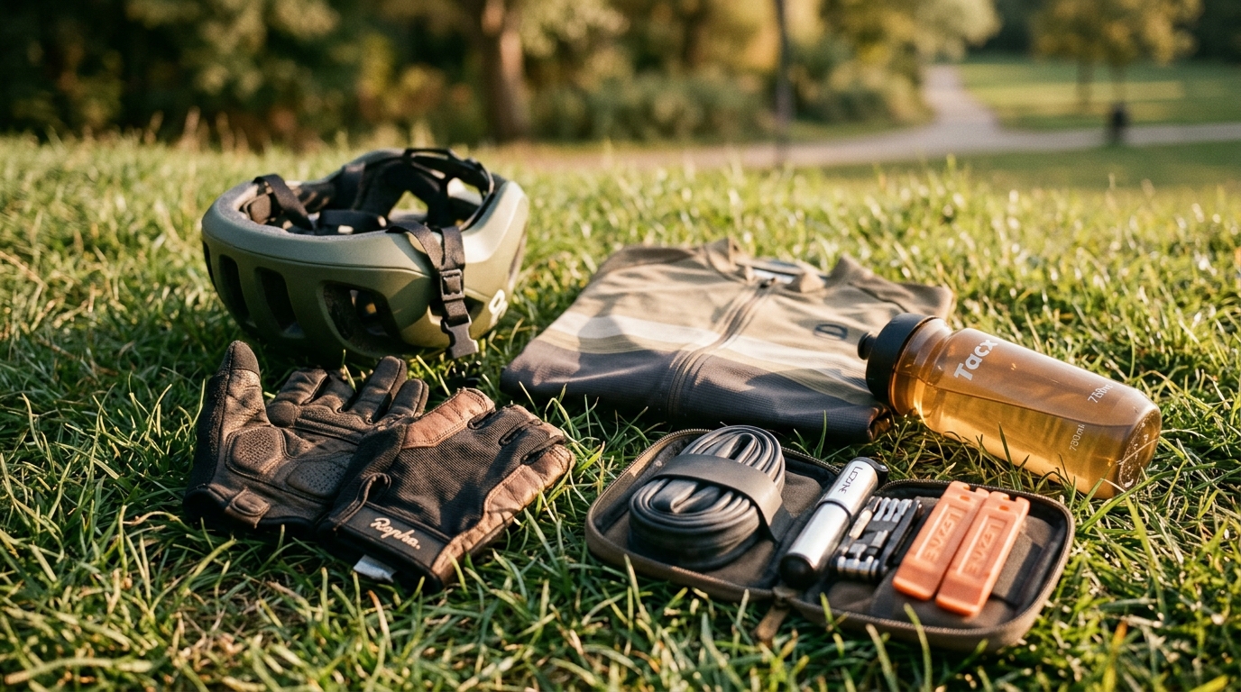 Cycling touring kit laid flat on grass: panniers, helmet, pump, repair kit, rain jacket, water bottles