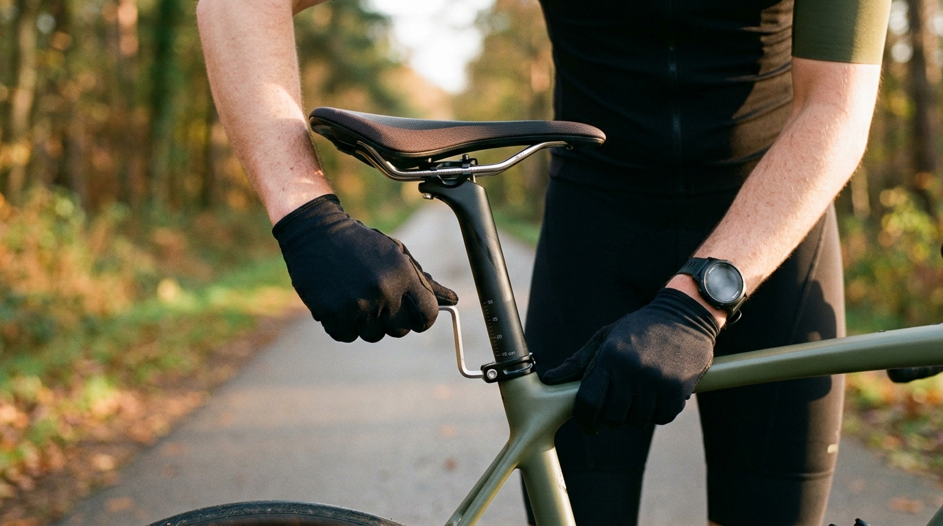 Hands adjusting the saddle quick-release clamp on a loaded touring bike, measuring height before departure