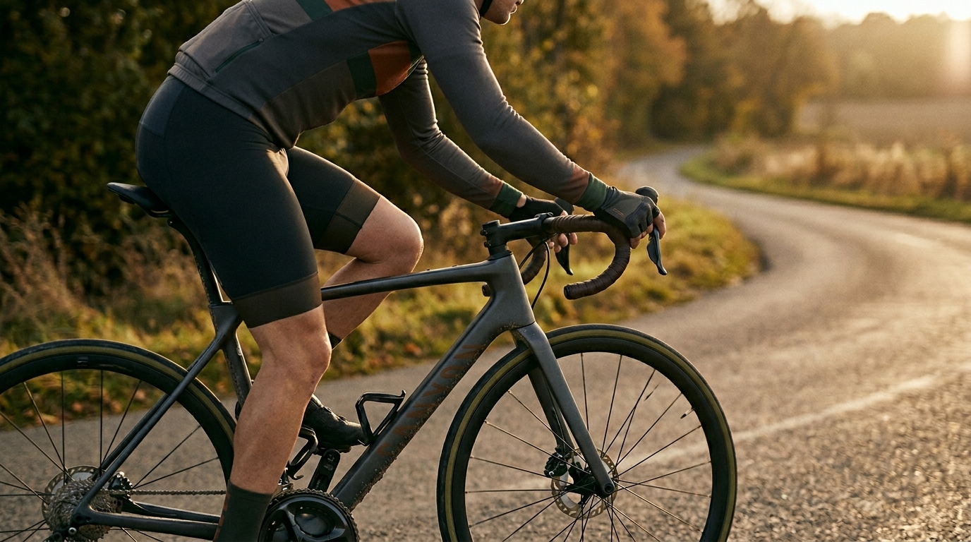 Cyclist on a touring bike on a quiet country road, upright riding position, panniers visible at the rear
