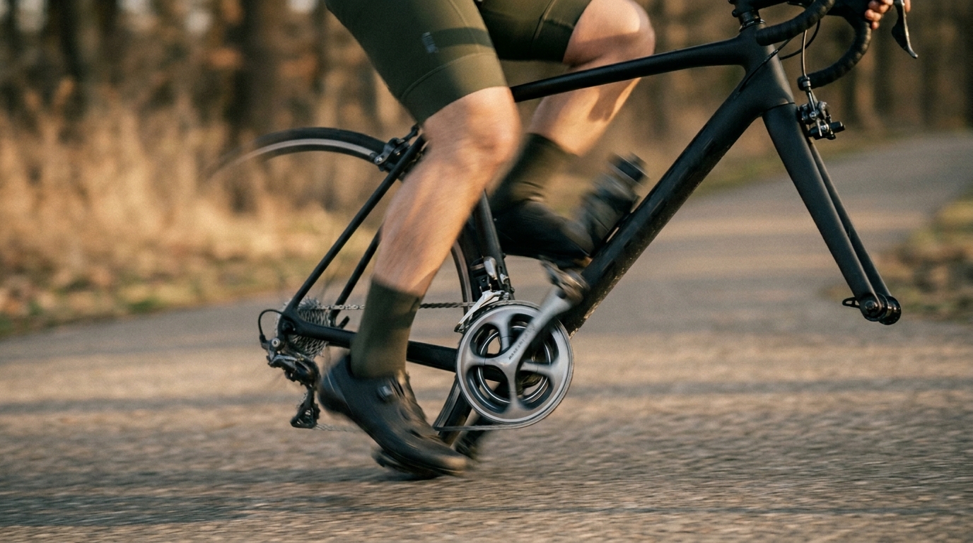Tight shot of cycling legs pedaling, shoes visible, cadence rhythm implied by motion