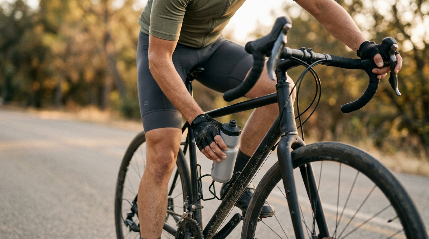 Cyclist reaching for a water bottle from the cage on the bike frame while riding on a country road