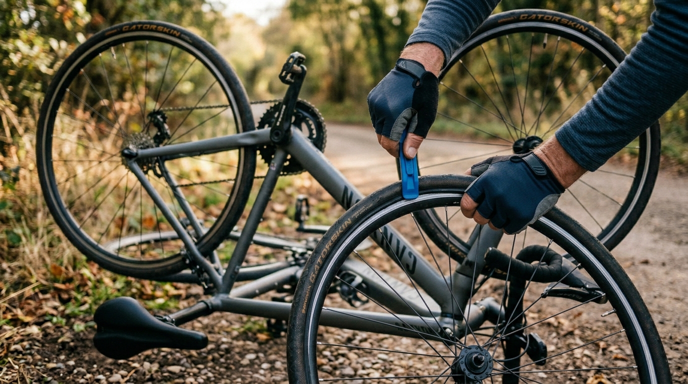 Hands inserting tyre levers under a bicycle tyre bead at the roadside, wheel removed, tube visible