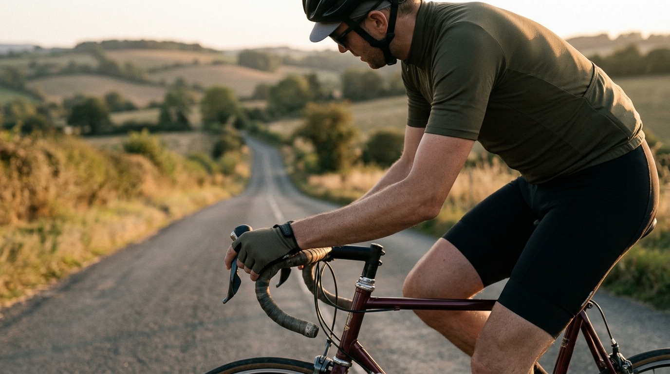 Cyclist at the crest of a hill, view over the countryside stretching out ahead, loaded bike visible