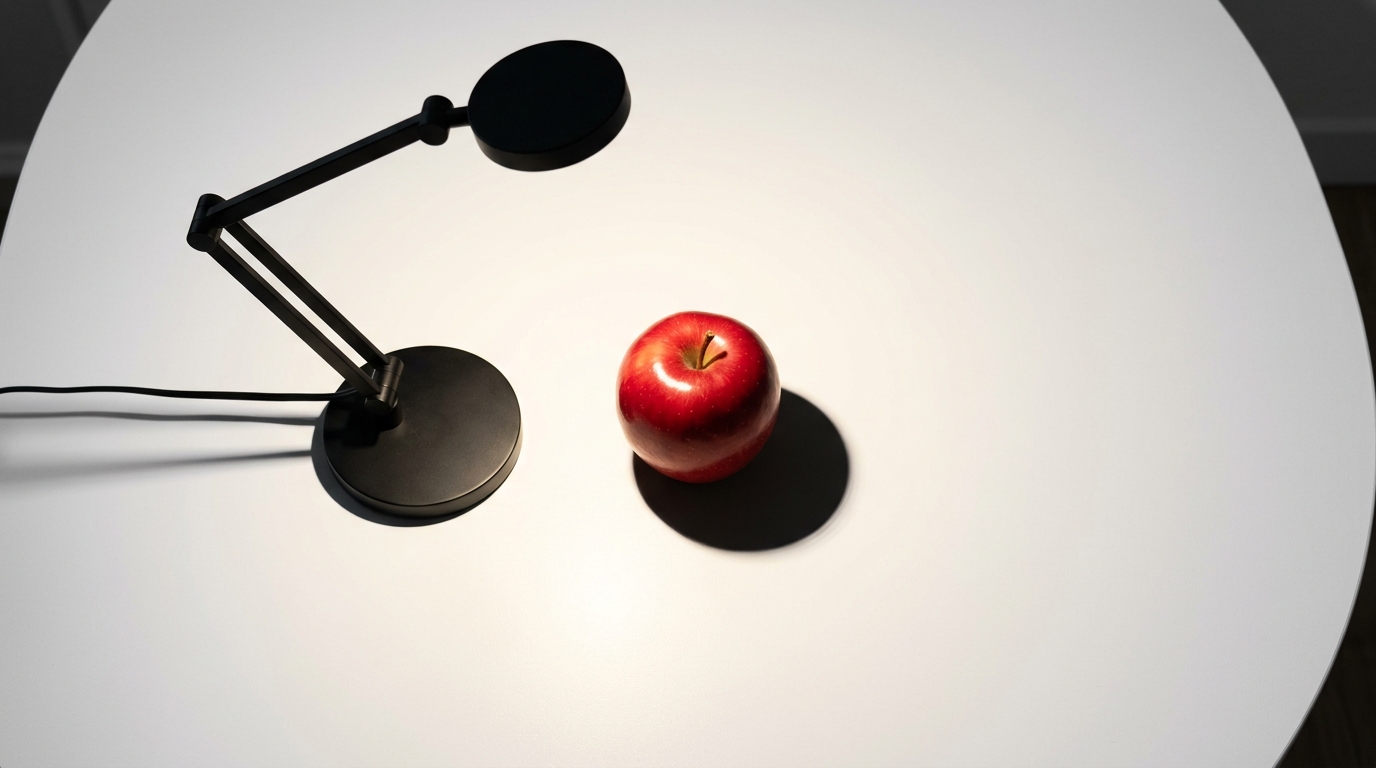 A red apple on a white table with clear light and shadow