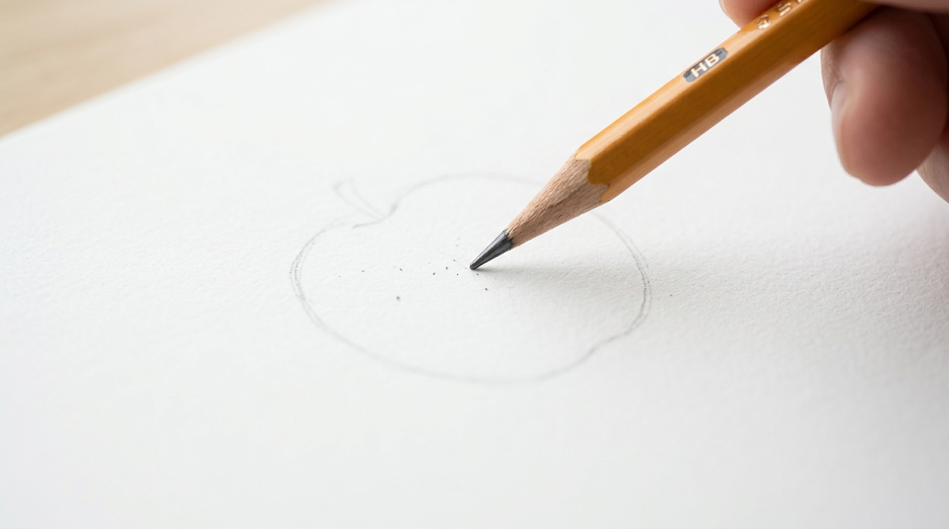 Pencil lightly sketching the outline of an apple on paper