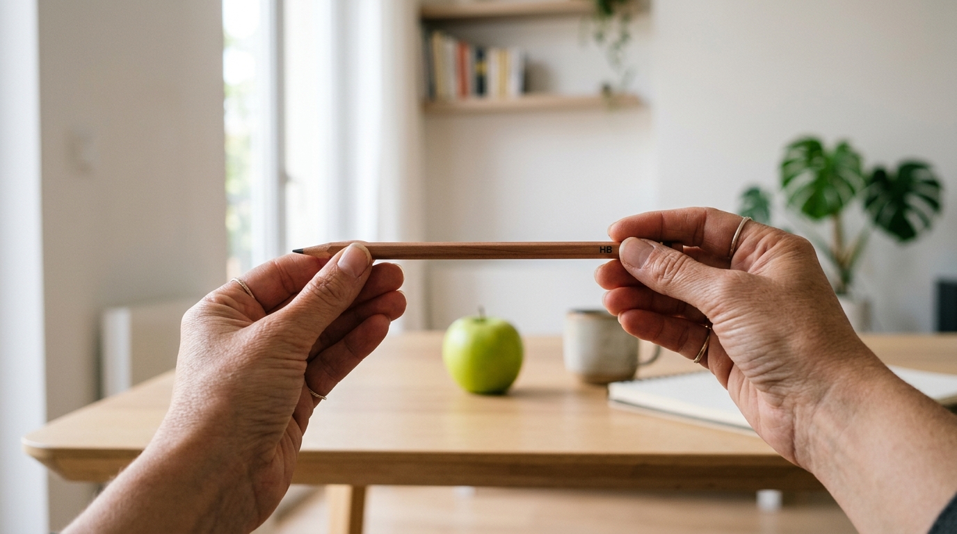 Hand holding a pencil at arm's length to measure proportions against the subject