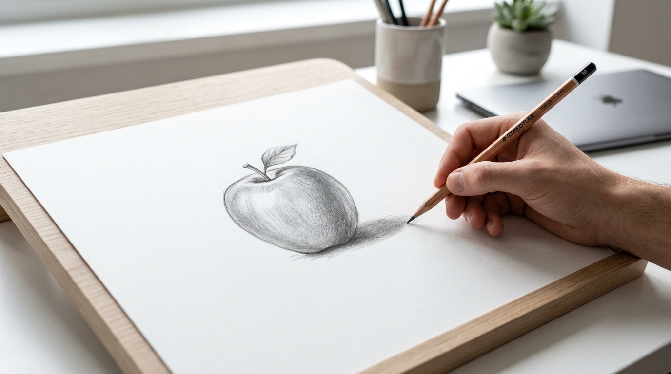 Pencil adding shadow tones to an apple drawing
