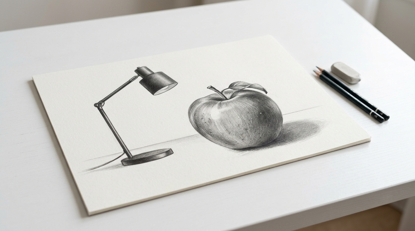 Apple on a white desk showing the space around the object