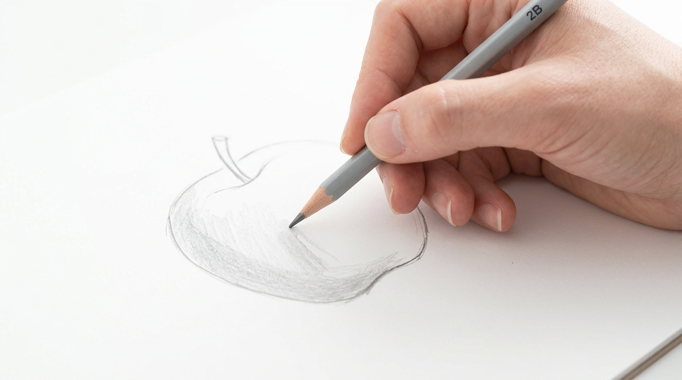Hand shading the cast shadow beneath an apple in a pencil sketch