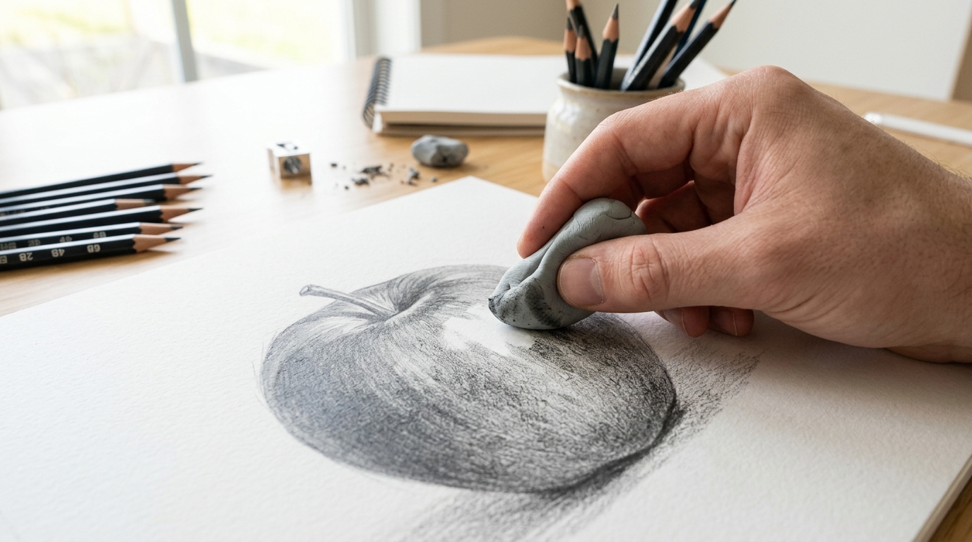 Eraser lifting a bright highlight from a pencil drawing of an apple