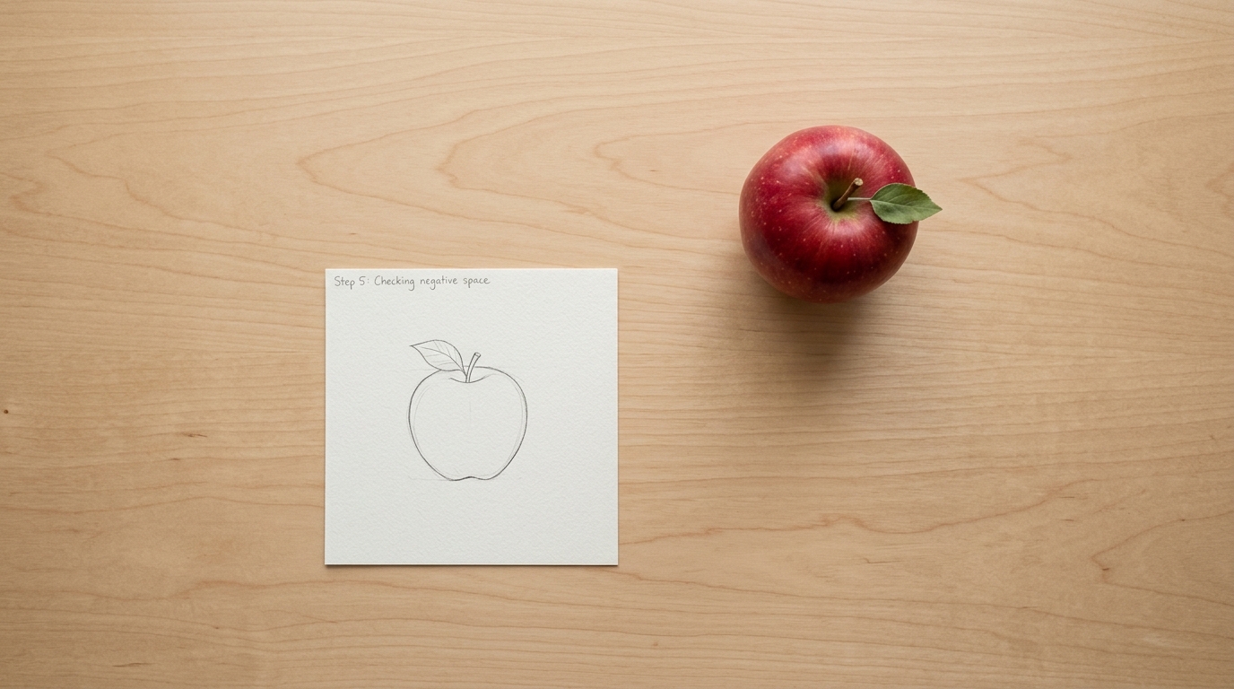 Finished pencil drawing of an apple placed next to the real apple