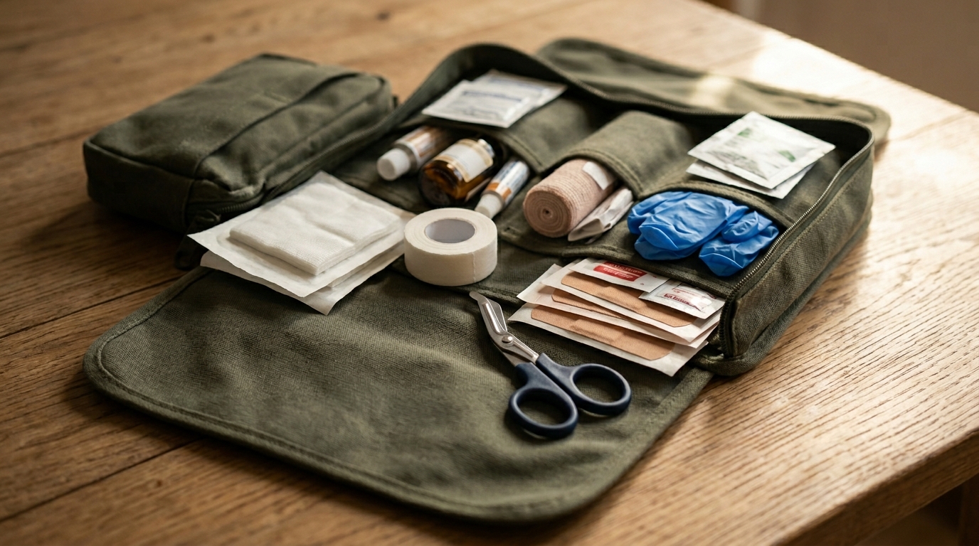 A fully stocked open first aid kit on a table showing wound dressings, gloves, bandages, and scissors