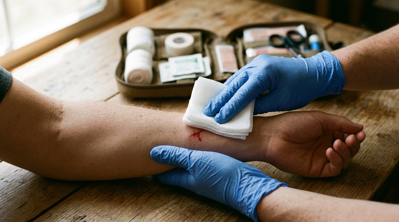 Gloved hands pressing a sterile wound dressing firmly onto an arm wound, applying direct sustained pressure