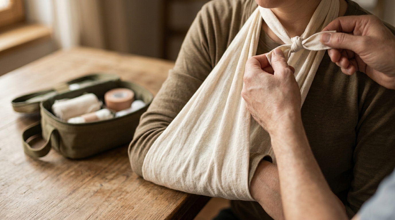 A triangular bandage being folded lengthways into a broad bandage, preparing a sling for an arm injury