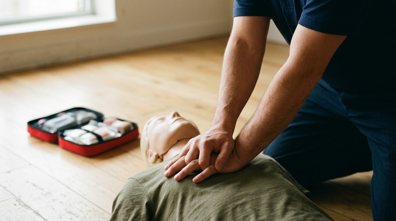 Hands positioned on a training manikin's chest, interlocked fingers, straight arms for CPR chest compressions