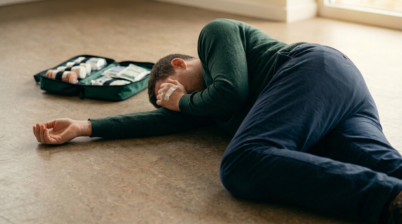 A person in the recovery position on a firm surface, head tilted back, mouth open, on their side