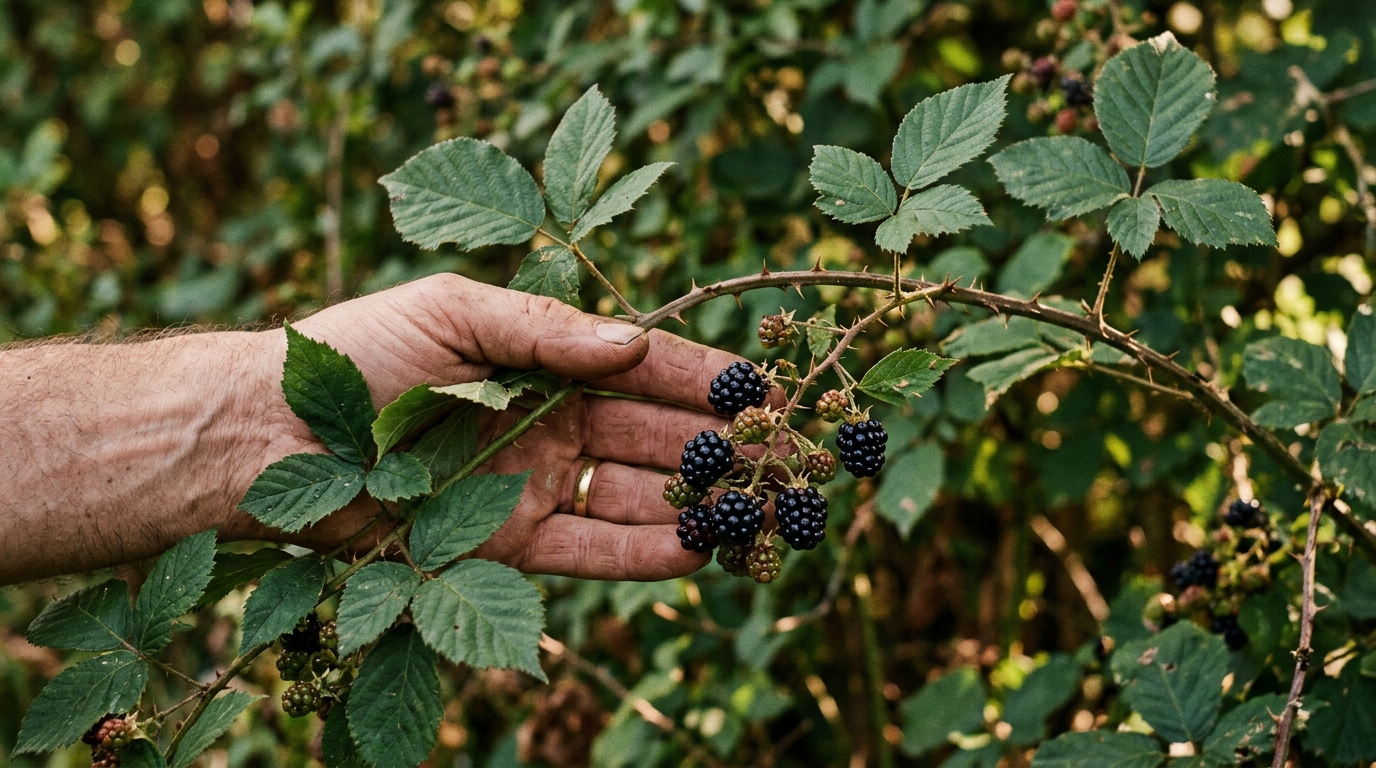 A hand parting bramble leaves in a hedgerow to reveal blackberries growing on the thorny stem behind