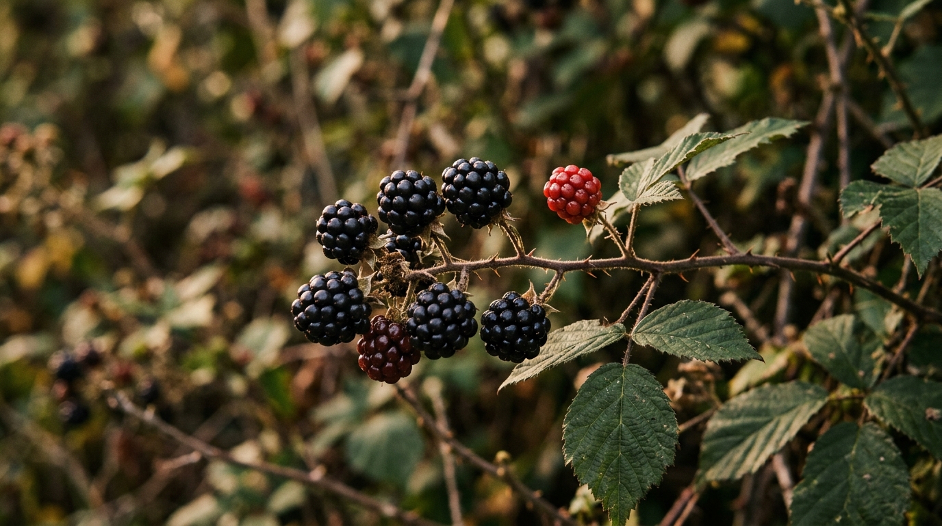 Close-up of a blackberry cluster on the stem in a hedgerow, showing the aggregate berry structure