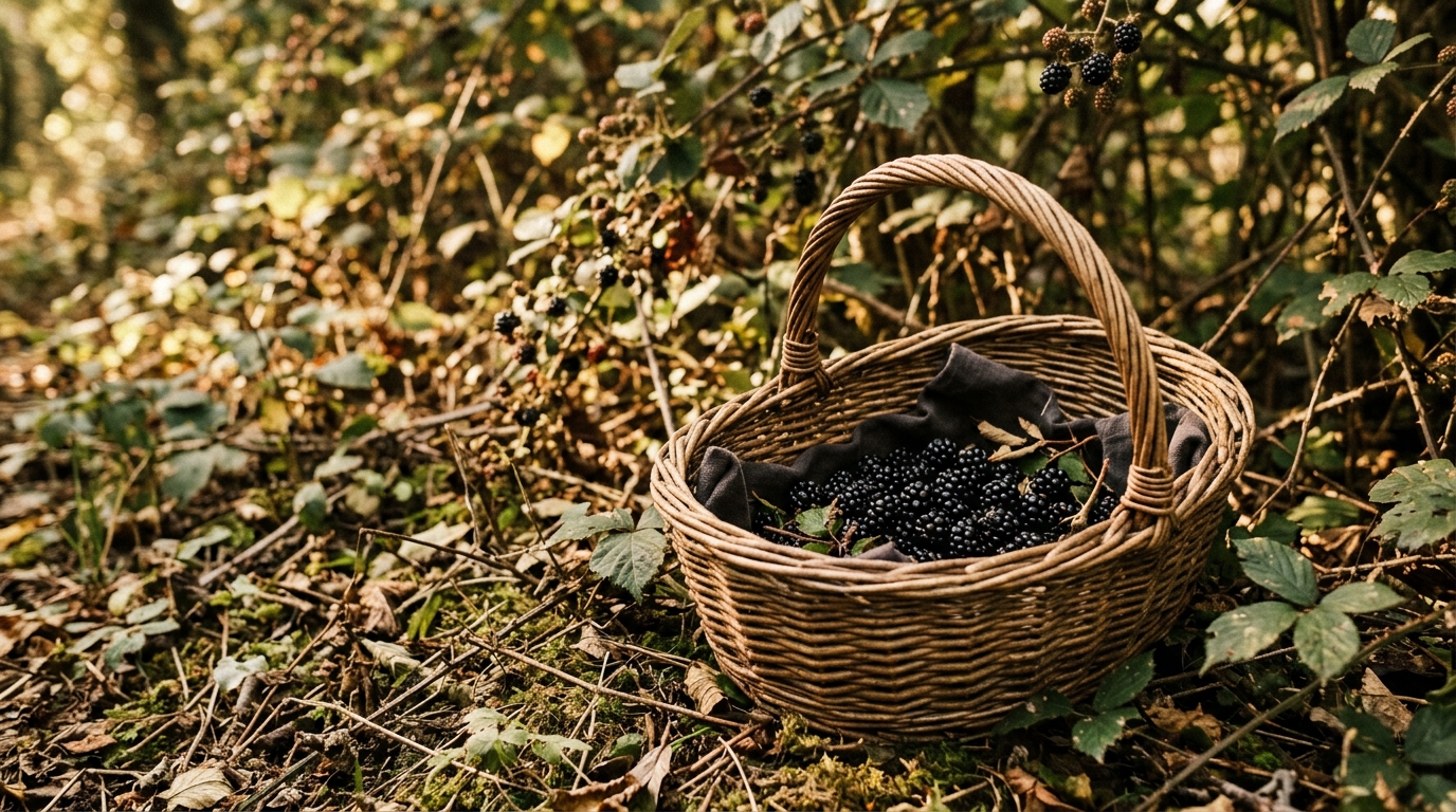 A wicker basket half-filled with blackberries, more being picked into it from the hedgerow