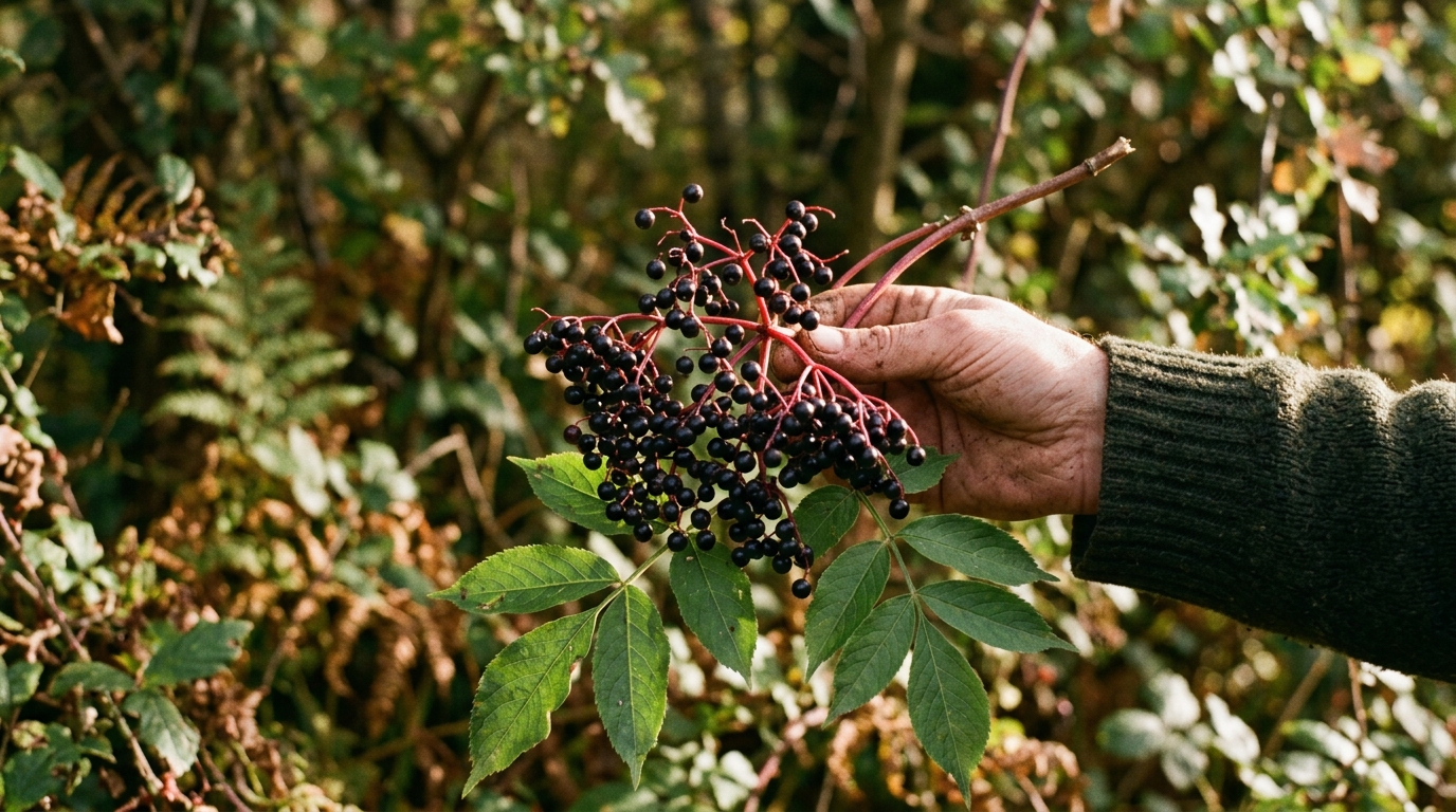 A hand holding an elderberry cluster — flat-topped dark purple berries on red stems — in front of an elder tree