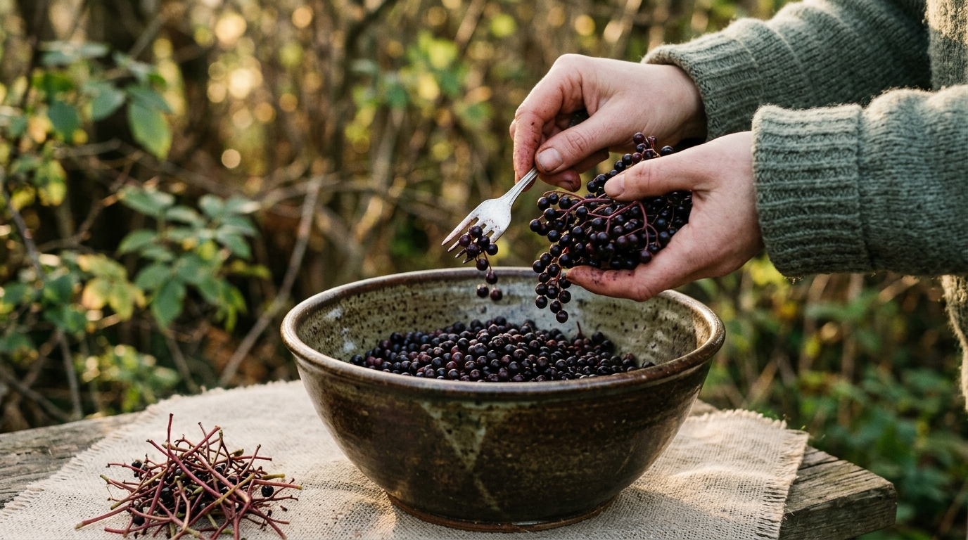 Elderberries being stripped from their red stems using a fork, berries falling into a colander