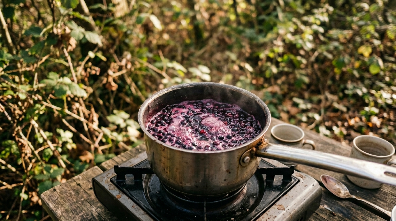 A saucepan of elderberries simmering in water on a hob, deep purple colour developing in the liquid